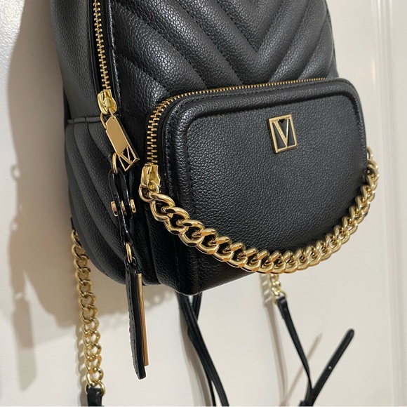 Victoria's Secret Black Quilted Backpack with Gold Chain - Picture 2 of 5